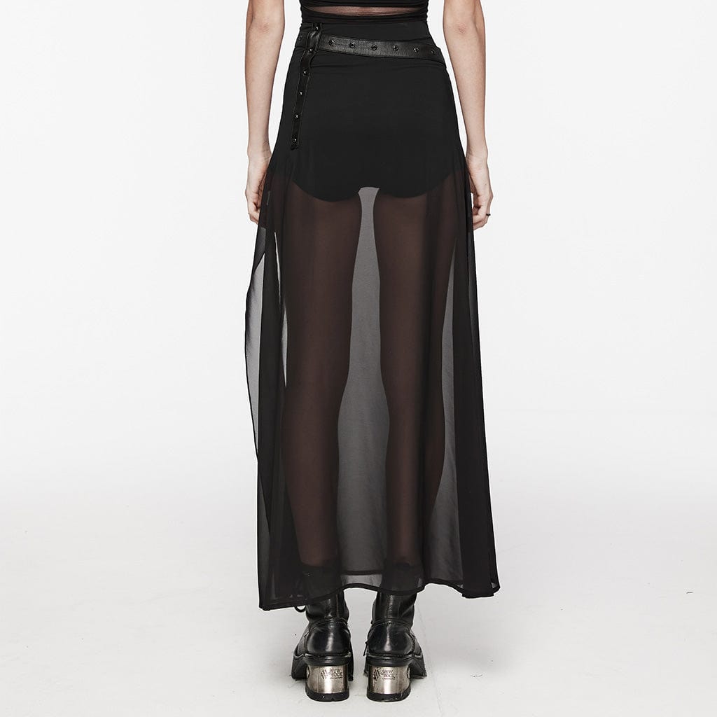 PUNK RAVE Women's Gothic Studded Split Chiffon Skirt with Belt