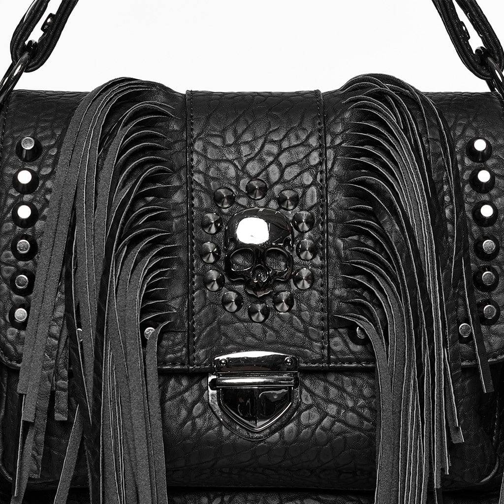 PUNK RAVE Women's Gothic Studded Tassels Faux Leather Bag