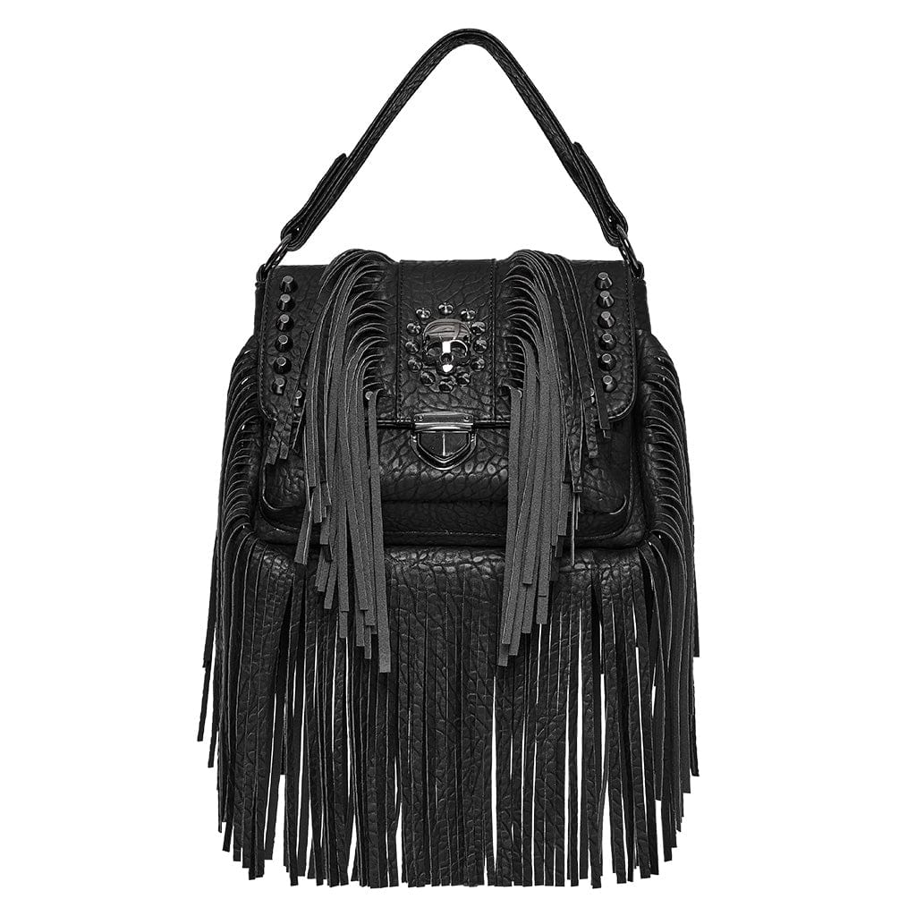 PUNK RAVE Women's Gothic Studded Tassels Faux Leather Bag