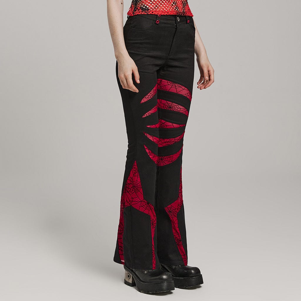 PUNK RAVE Women's Gothic Symmetrical Mesh Pointed Flared Pants Black-Red