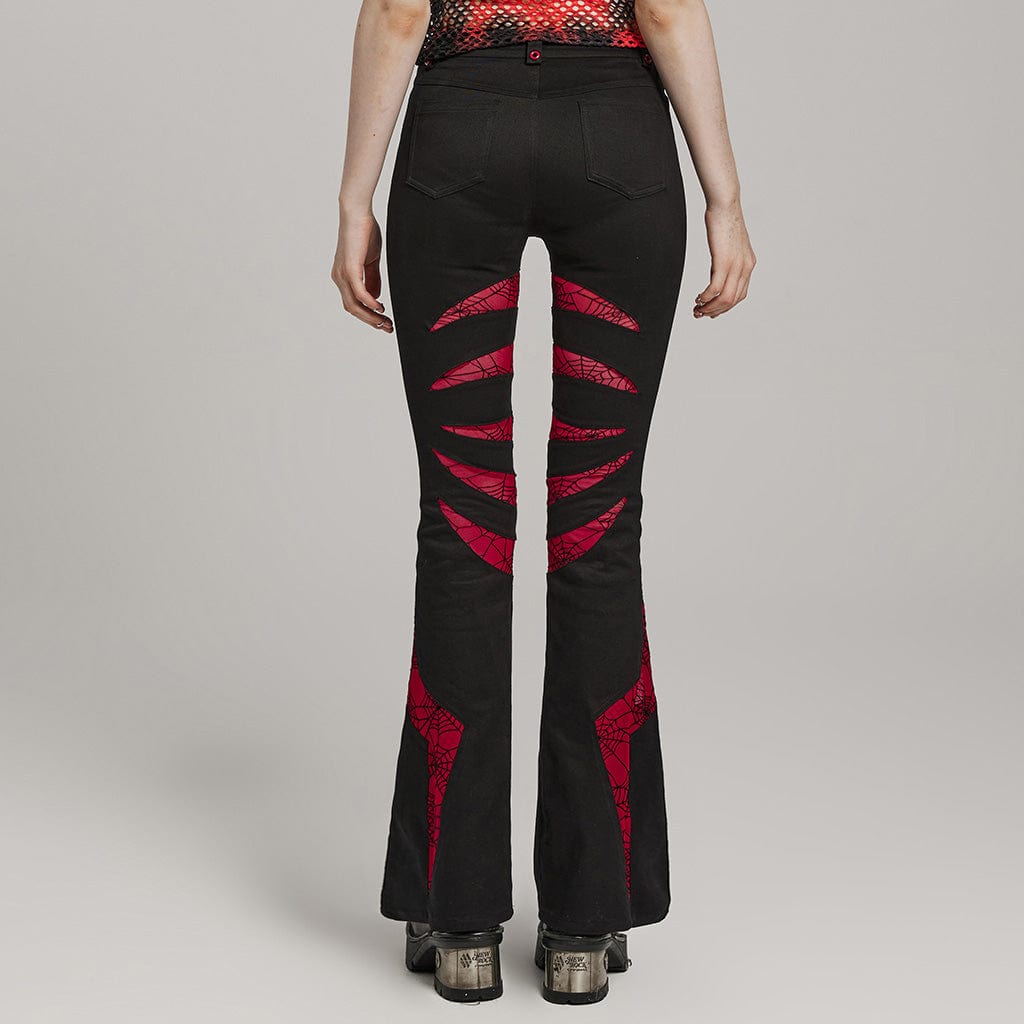 PUNK RAVE Women's Gothic Symmetrical Mesh Pointed Flared Pants Black-Red
