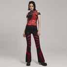 PUNK RAVE Women's Gothic Symmetrical Mesh Pointed Flared Pants Black-Red