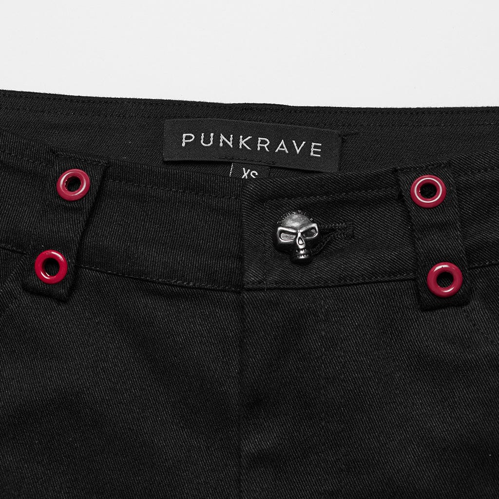 PUNK RAVE Women's Gothic Symmetrical Mesh Pointed Flared Pants Black-Red