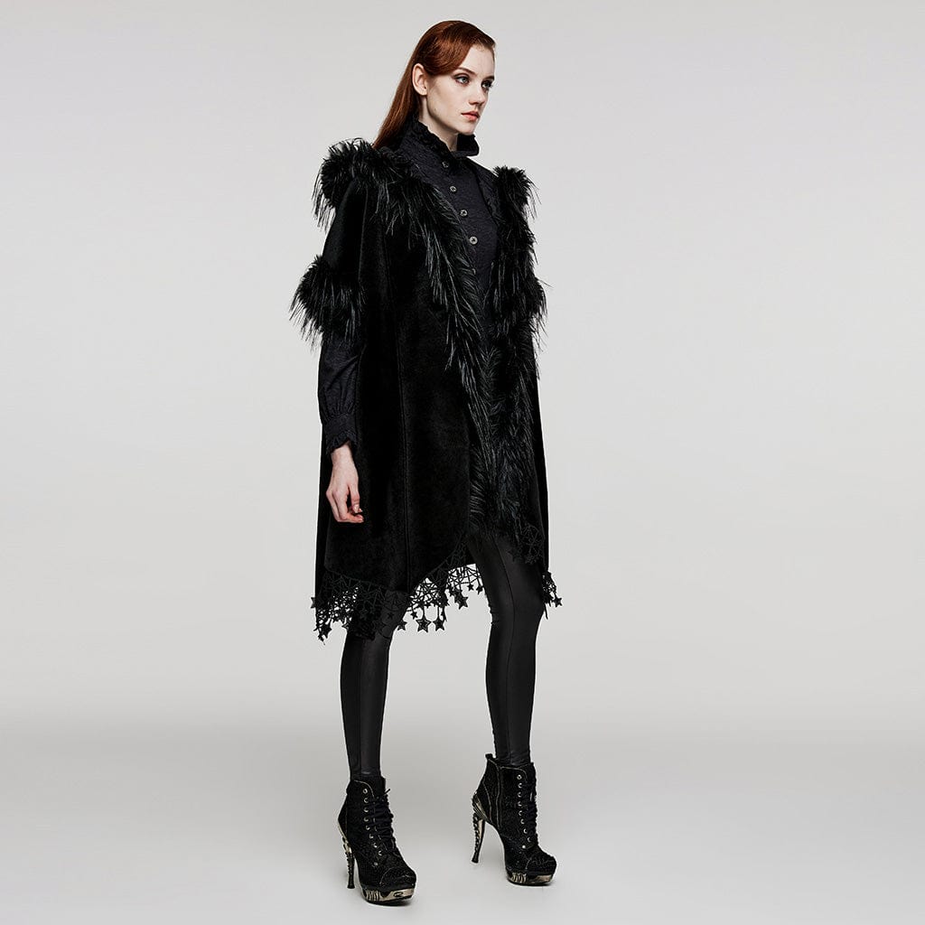 PUNK RAVE Women's Gothic Tassel Faux Fur Splice Velvet Cloak