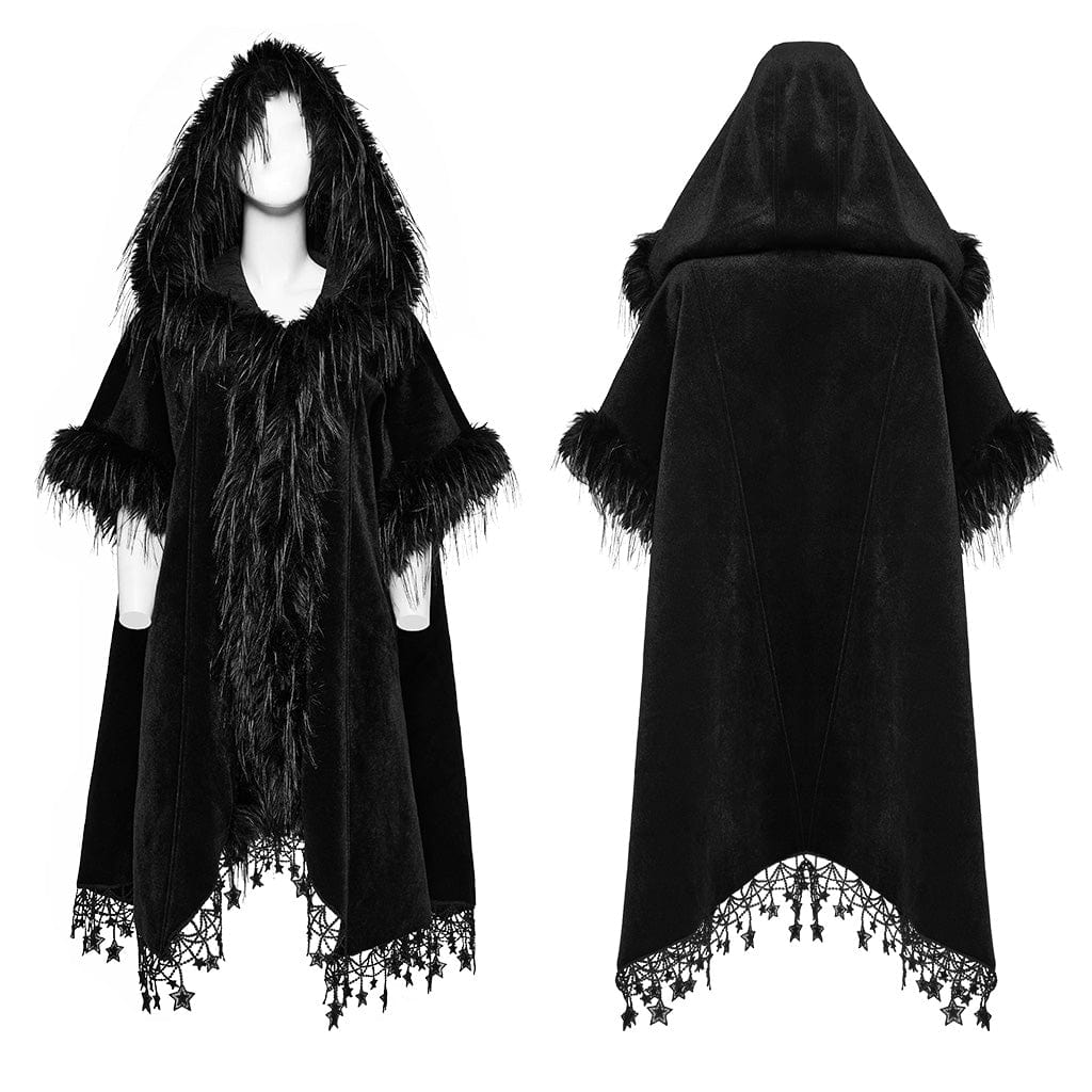 PUNK RAVE Women's Gothic Tassel Faux Fur Splice Velvet Cloak