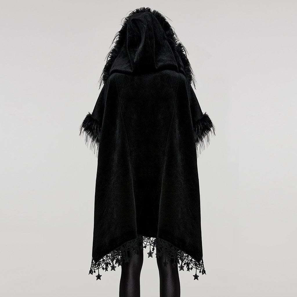 PUNK RAVE Women's Gothic Tassel Faux Fur Splice Velvet Cloak