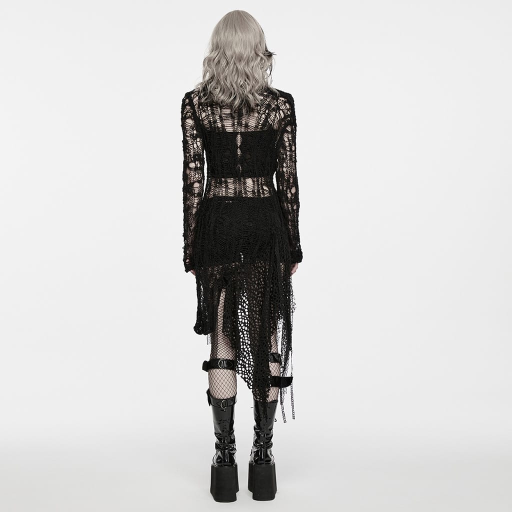 PUNK RAVE Women's Gothic Tattered Irregular Hem Long Sleeve Dress