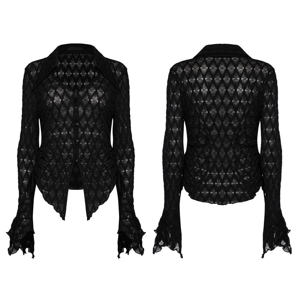 PUNK RAVE Women's Gothic Turn-down Collar Irregular Drawstring Shirt