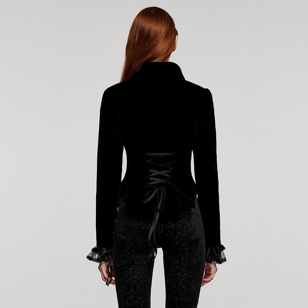 PUNK RAVE Women's Gothic Turn-down Collar Lace-up Velvet Coat Black