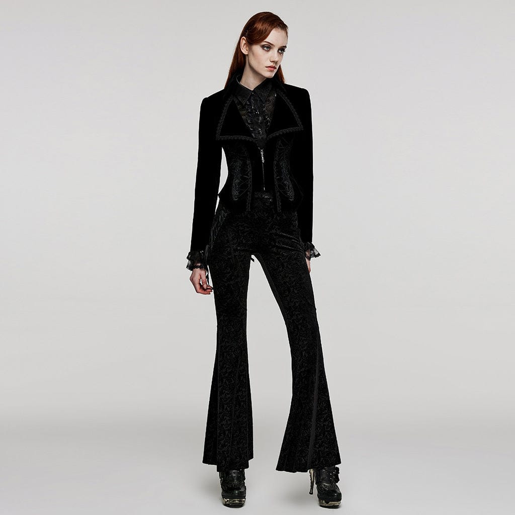 PUNK RAVE Women's Gothic Turn-down Collar Lace-up Velvet Coat Black