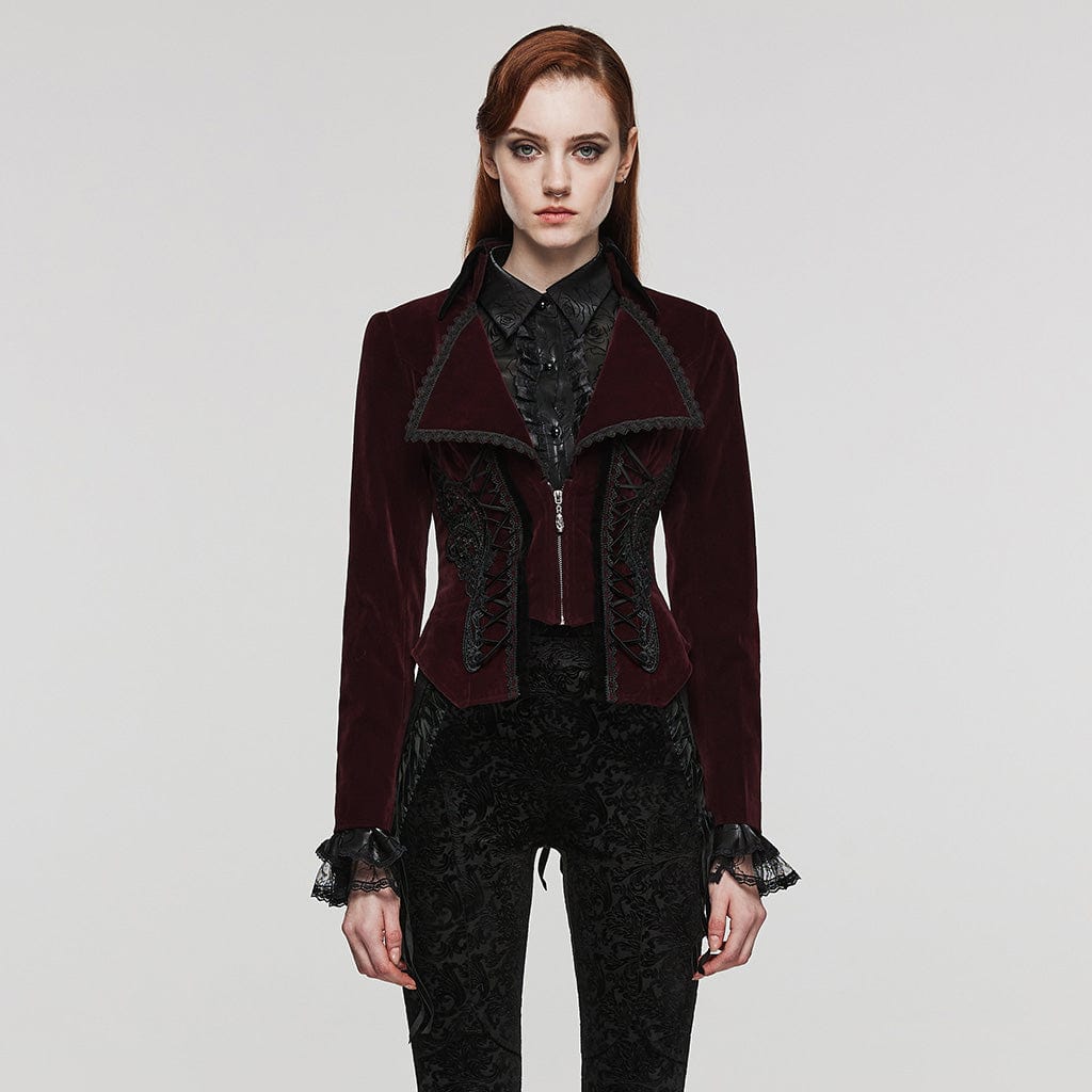 PUNK RAVE Women's Gothic Turn-down Collar Lace-up Velvet Coat Red