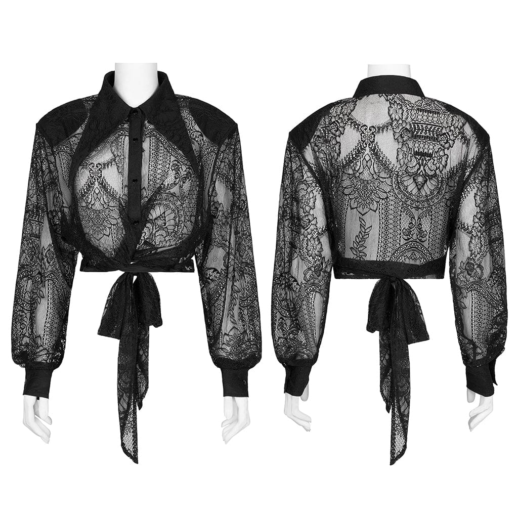 PUNK RAVE Women's Gothic Turn-down Collar Mesh Shirt