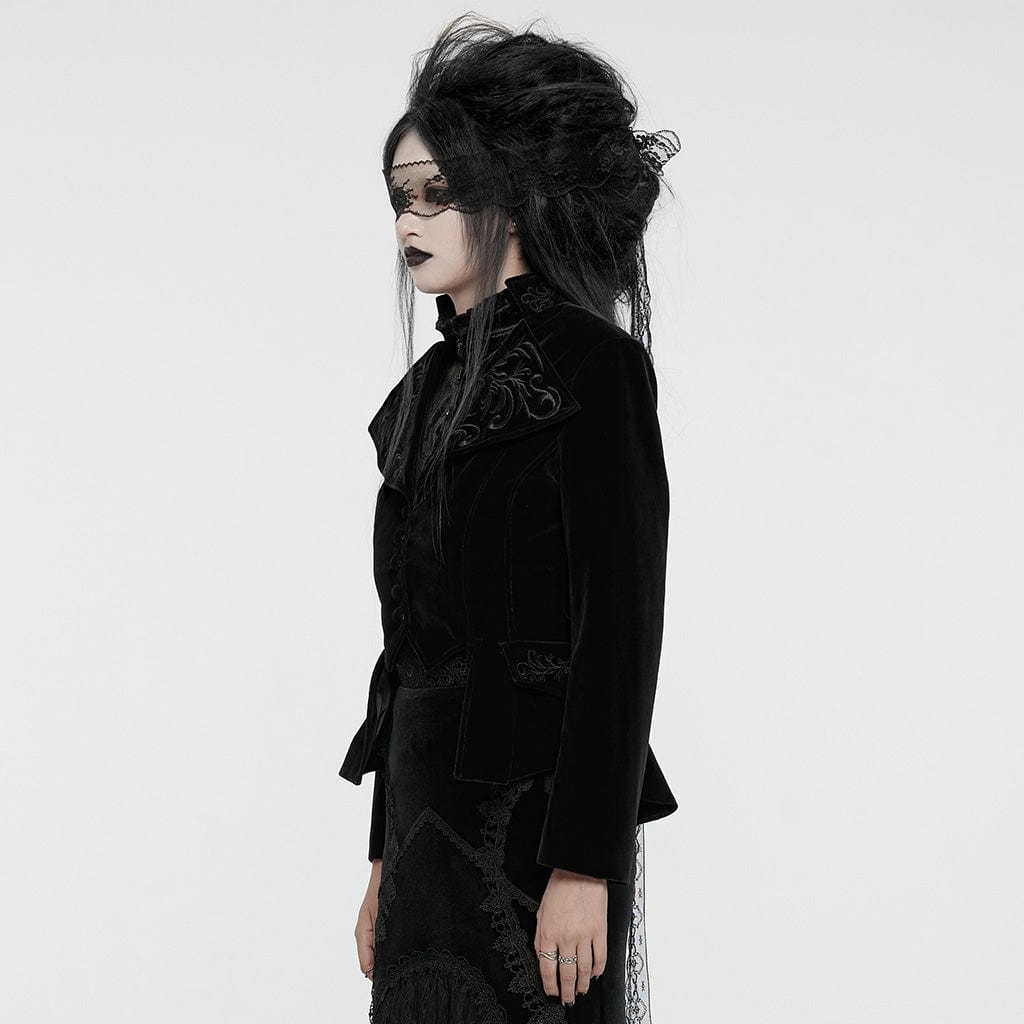 PUNK RAVE Women's Gothic Turn-down Collar Swallow-tailed Velvet Jacket Black