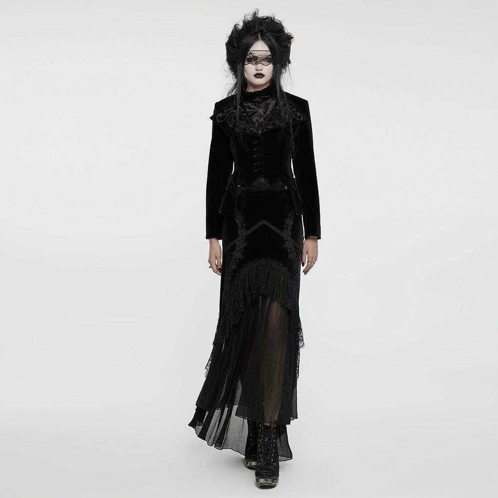 PUNK RAVE Women's Gothic Turn-down Collar Swallow-tailed Velvet Jacket Black