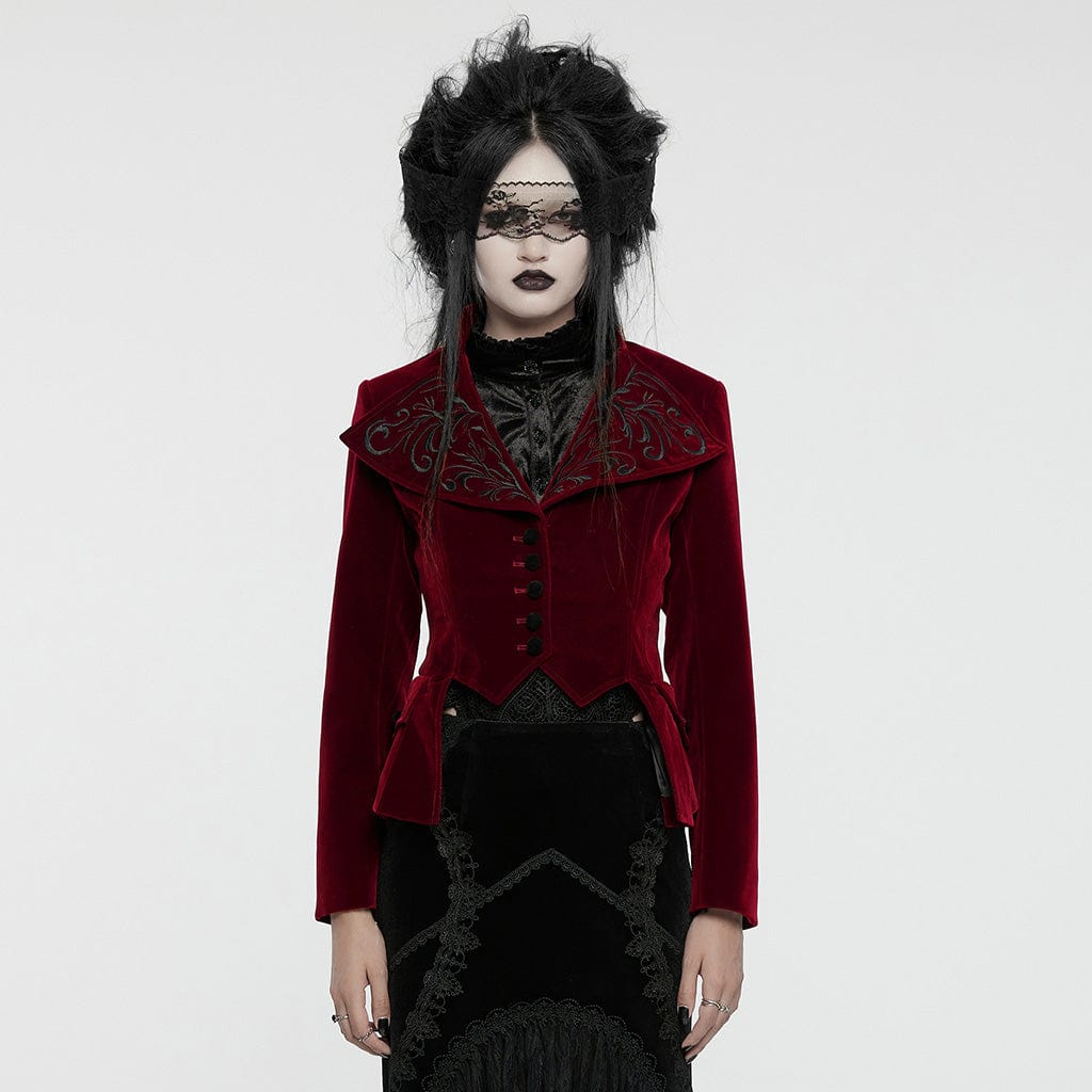 PUNK RAVE Women's Gothic Turn-down Collar Swallow-tailed Velvet Jacket Red