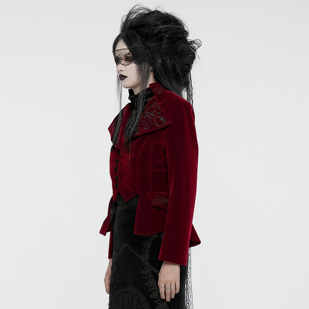 PUNK RAVE Women's Gothic Turn-down Collar Swallow-tailed Velvet Jacket Red