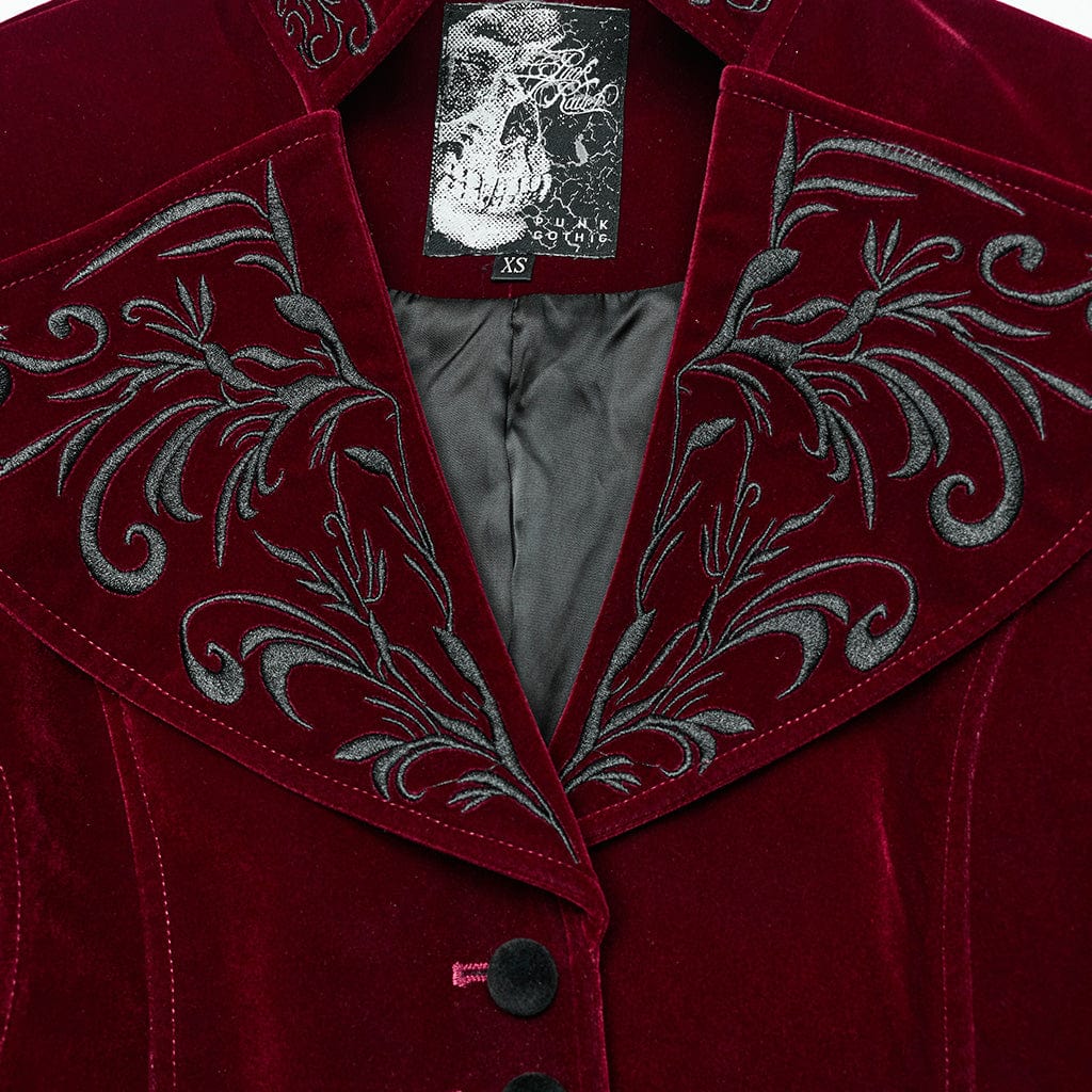 PUNK RAVE Women's Gothic Turn-down Collar Swallow-tailed Velvet Jacket Red