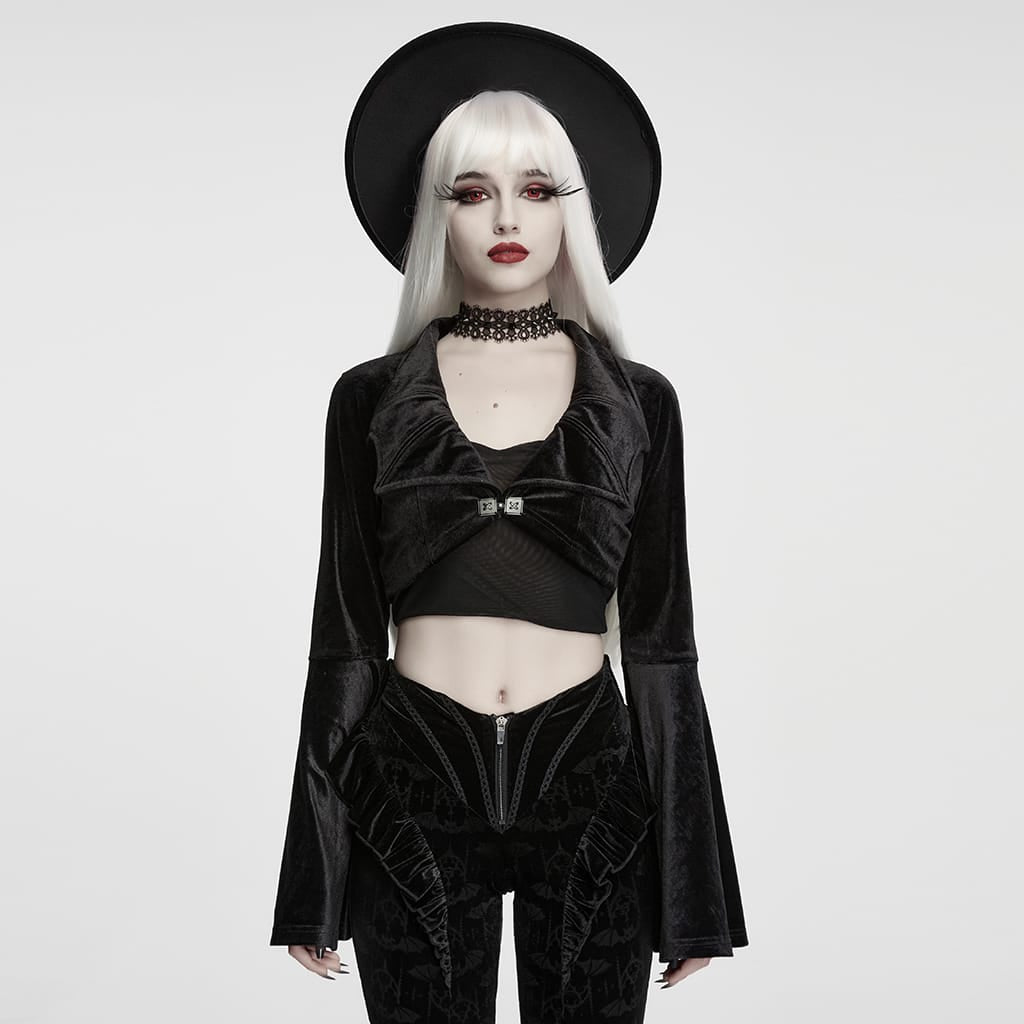 PUNK RAVE Women's Gothic Velvet Bat Wing Collar Flare Sleeve Short Jacket