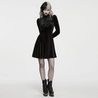 PUNK RAVE Women's Gothic Velvet Embroidered Ruffled High Neck Long Sleeve Dress