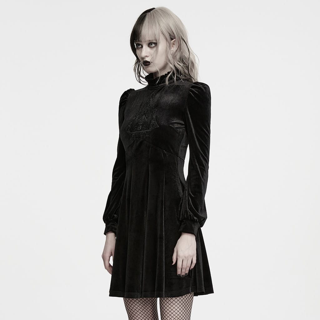 PUNK RAVE Women's Gothic Velvet Embroidered Ruffled High Neck Long Sleeve Dress