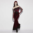 PUNK RAVE Women's Gothic Velvet Ruched Mermaid Skirt Red