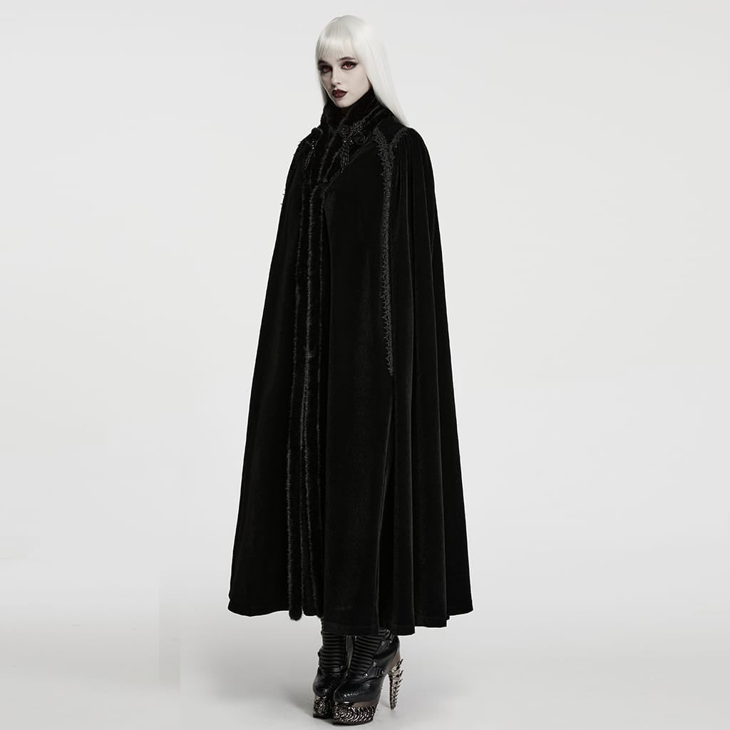 PUNK RAVE Women's Gothic Vintage Embroidered Faux Fur Trim Velvet Cloak