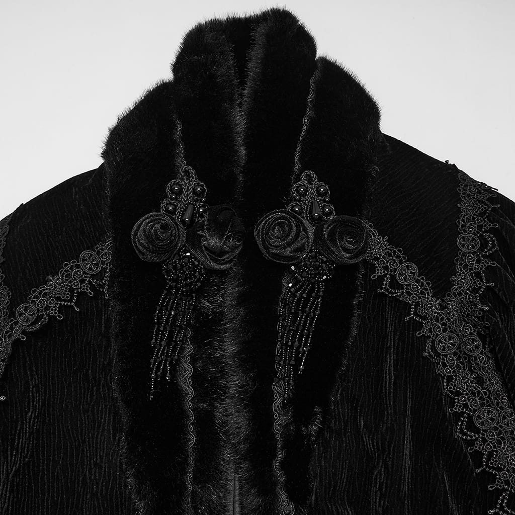 PUNK RAVE Women's Gothic Vintage Embroidered Faux Fur Trim Velvet Cloak
