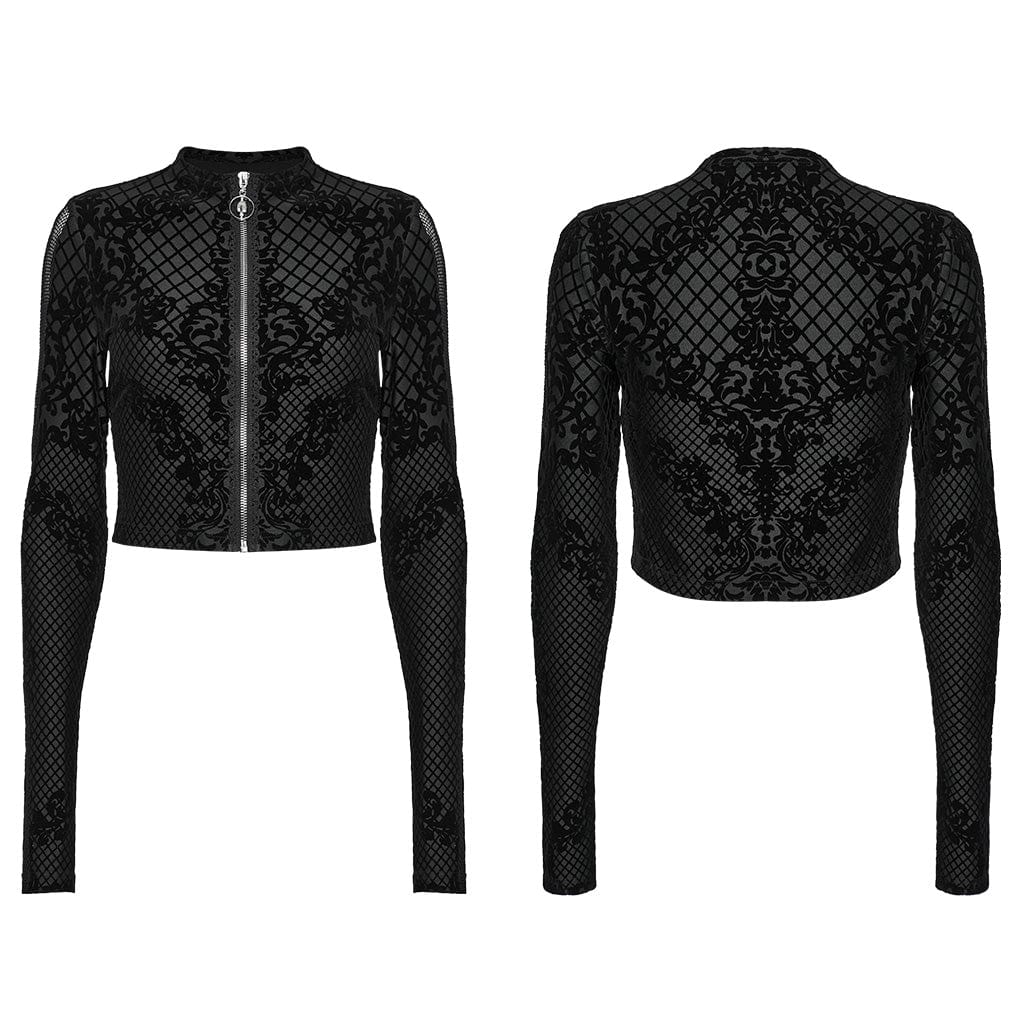 PUNK RAVE Women's Gothic Zipper Flocking Mesh Jacket