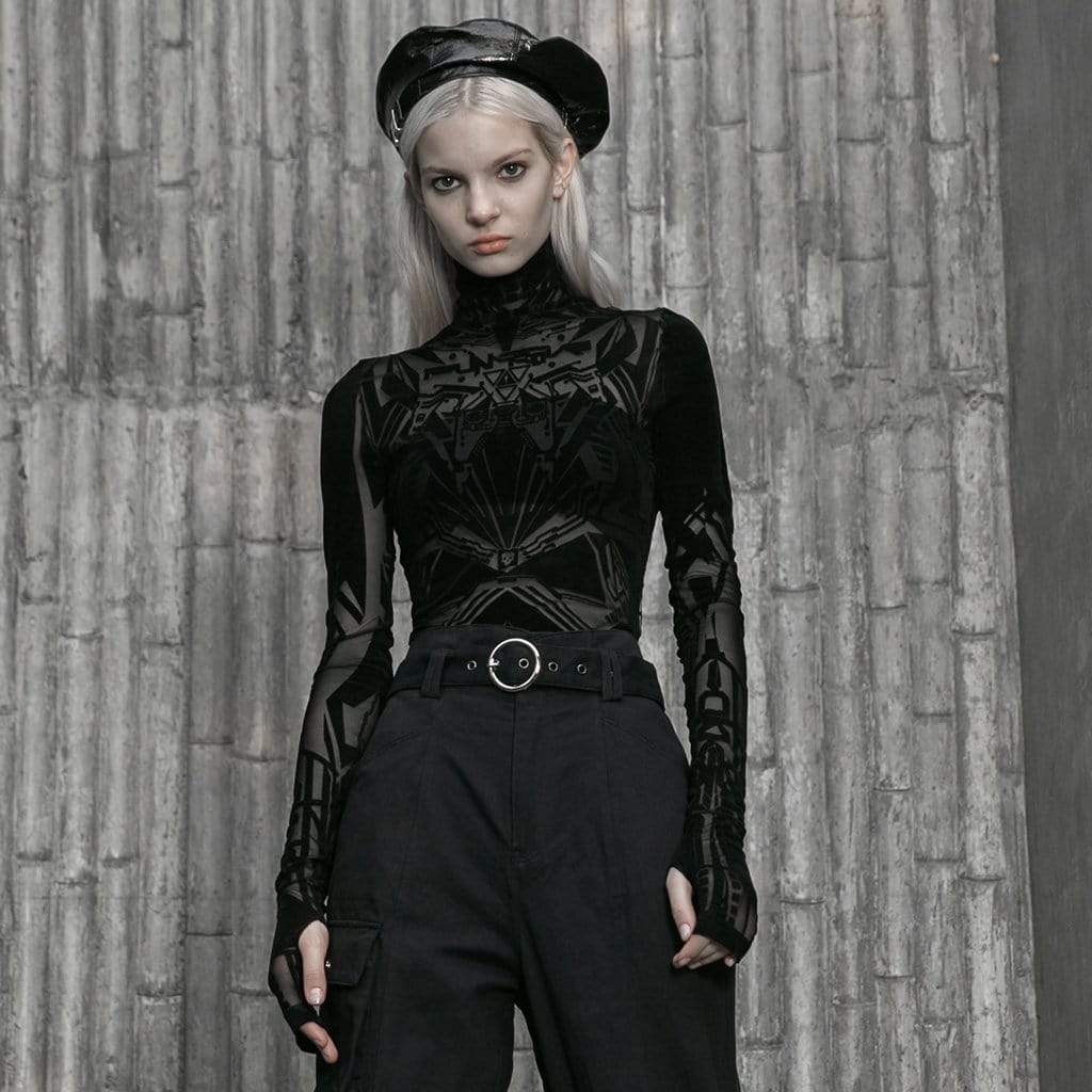 PUNK RAVE Women's Grunge Geometric Pattern Long Sleeve Shirts