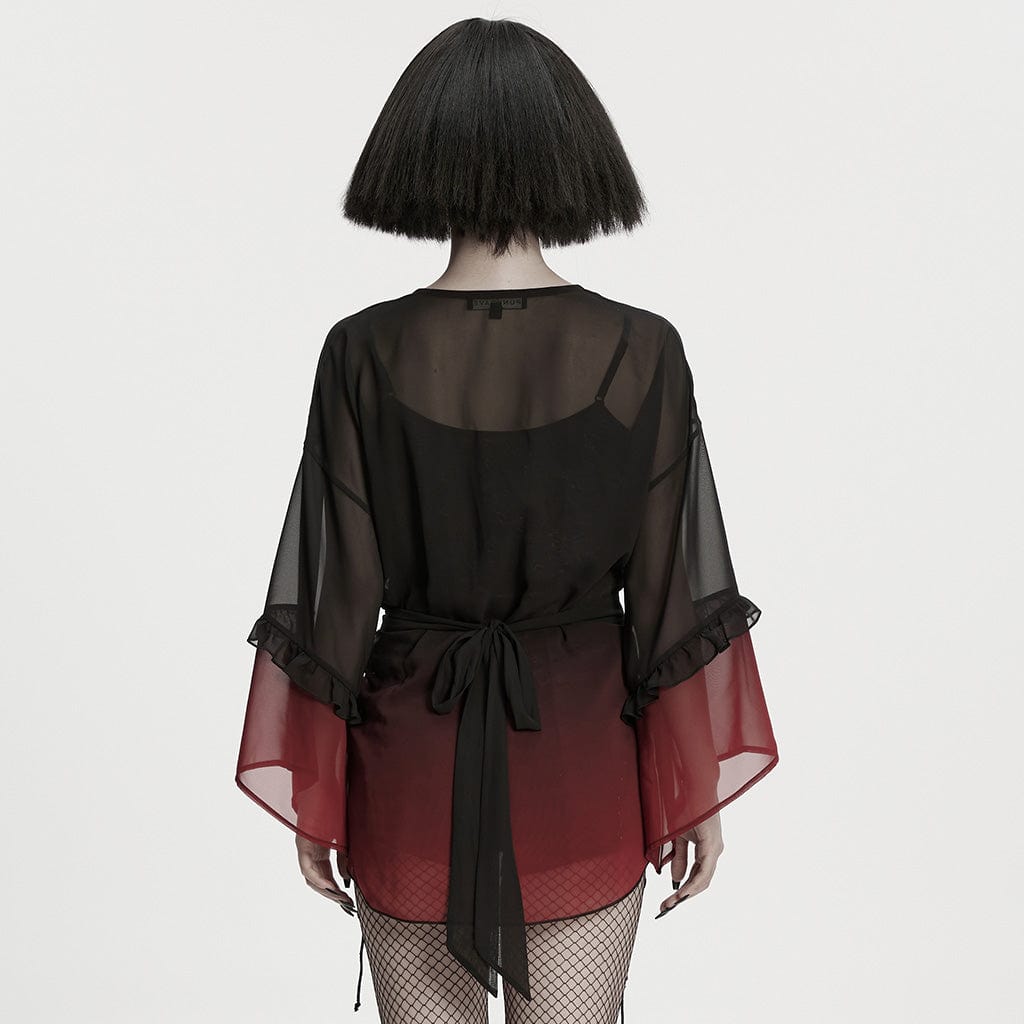 PUNK RAVE Women's Grunge Gradient Flared Sleeve Sheer Chiffon Shirt