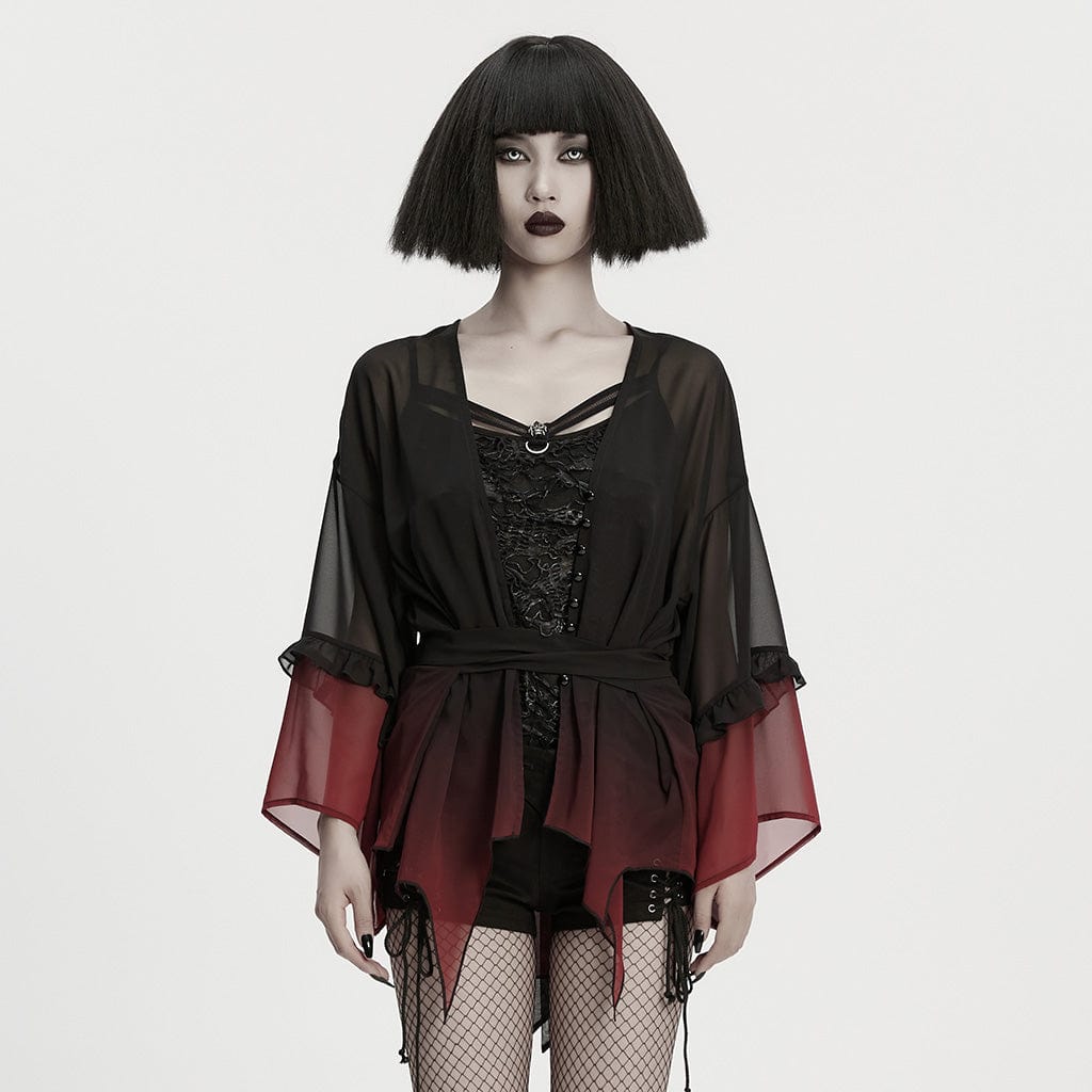 PUNK RAVE Women's Grunge Gradient Flared Sleeve Sheer Chiffon Shirt