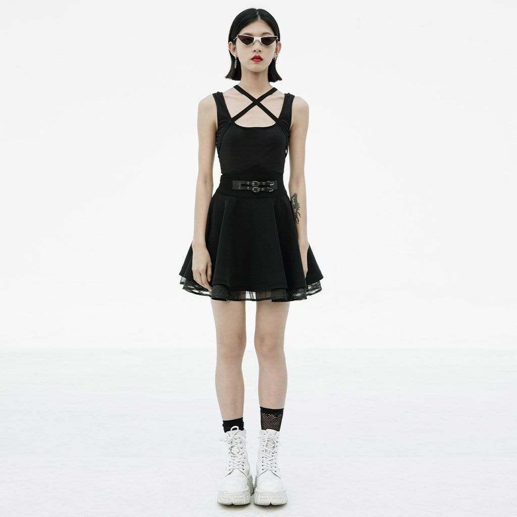 PUNK RAVE Women's Grunge High-Waisted JK Black Pleated Skirts