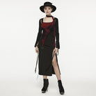 PUNK RAVE Women's Grunge Ink Printed Split Slip Dress with Neckwear