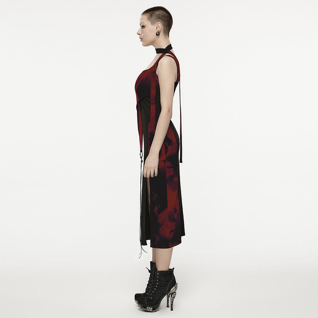 PUNK RAVE Women's Grunge Ink Printed Split Slip Dress with Neckwear