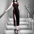 PUNK RAVE Women's Grunge Ink Printed Split Slip Dress with Neckwear