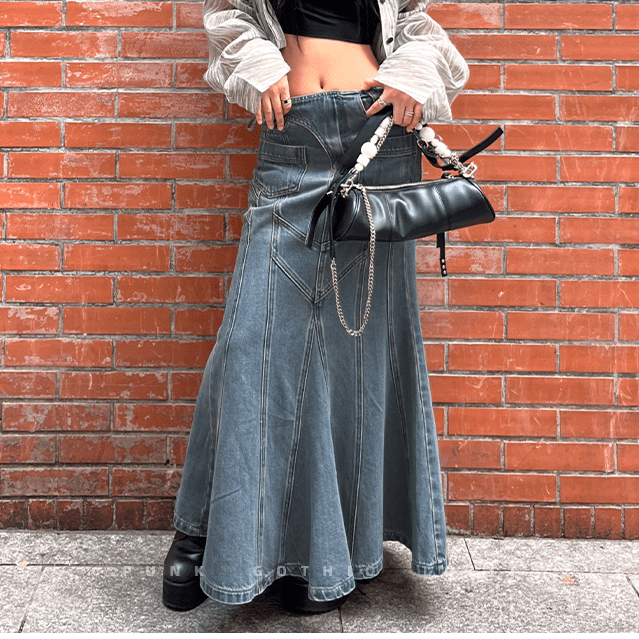 PUNK RAVE Women's Grunge Multi-pocket Denim Fishtail Skirt