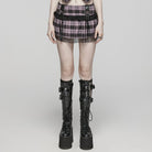 PUNK RAVE Women's Grunge Plaid Eyelet Mesh Ring Pleated Skirt Pink