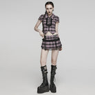 PUNK RAVE Women's Grunge Plaid Eyelet Mesh Ring Pleated Skirt Pink