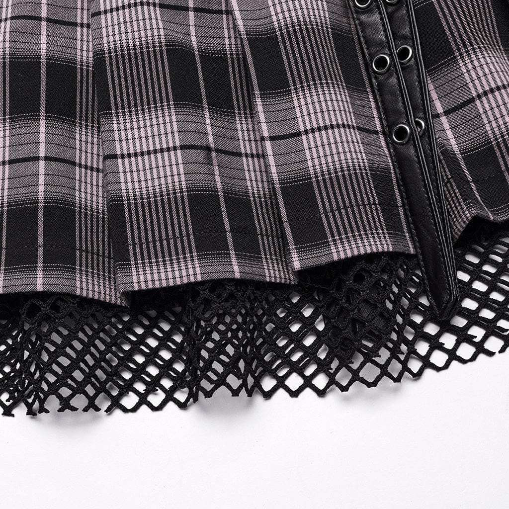 PUNK RAVE Women's Grunge Plaid Eyelet Mesh Ring Pleated Skirt Pink