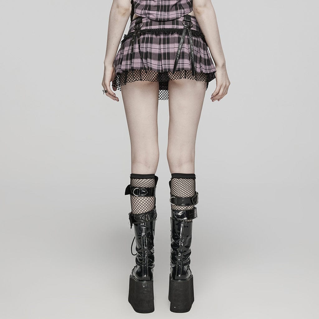 PUNK RAVE Women's Grunge Plaid Eyelet Mesh Ring Pleated Skirt Pink