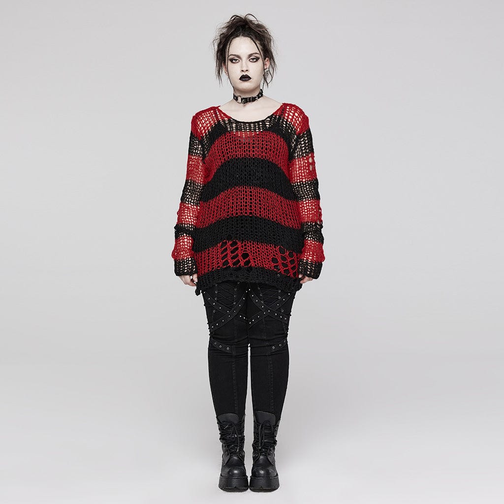 PUNK RAVE Women's Grunge Ripped Stripes Sweater