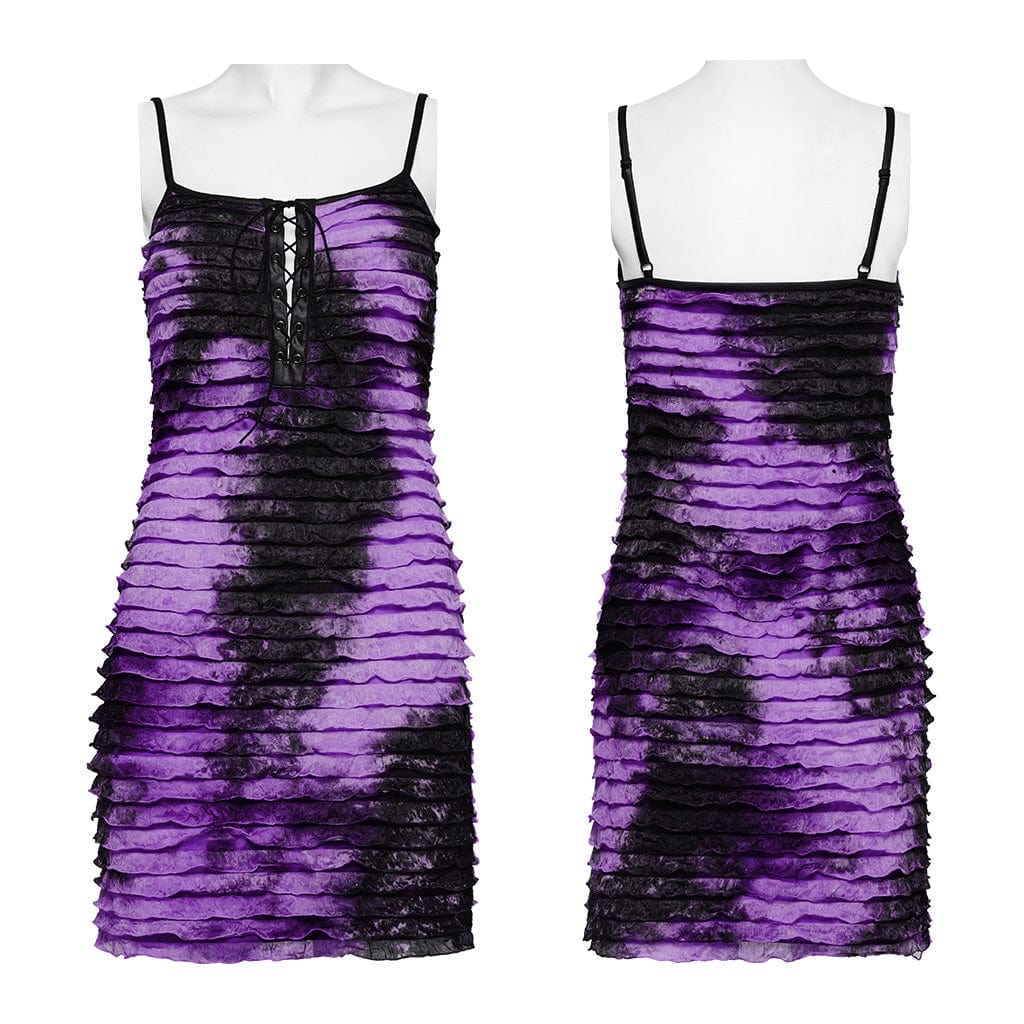 PUNK RAVE Women's Grunge Ruffled Tie-dyed Slip Dress Purple