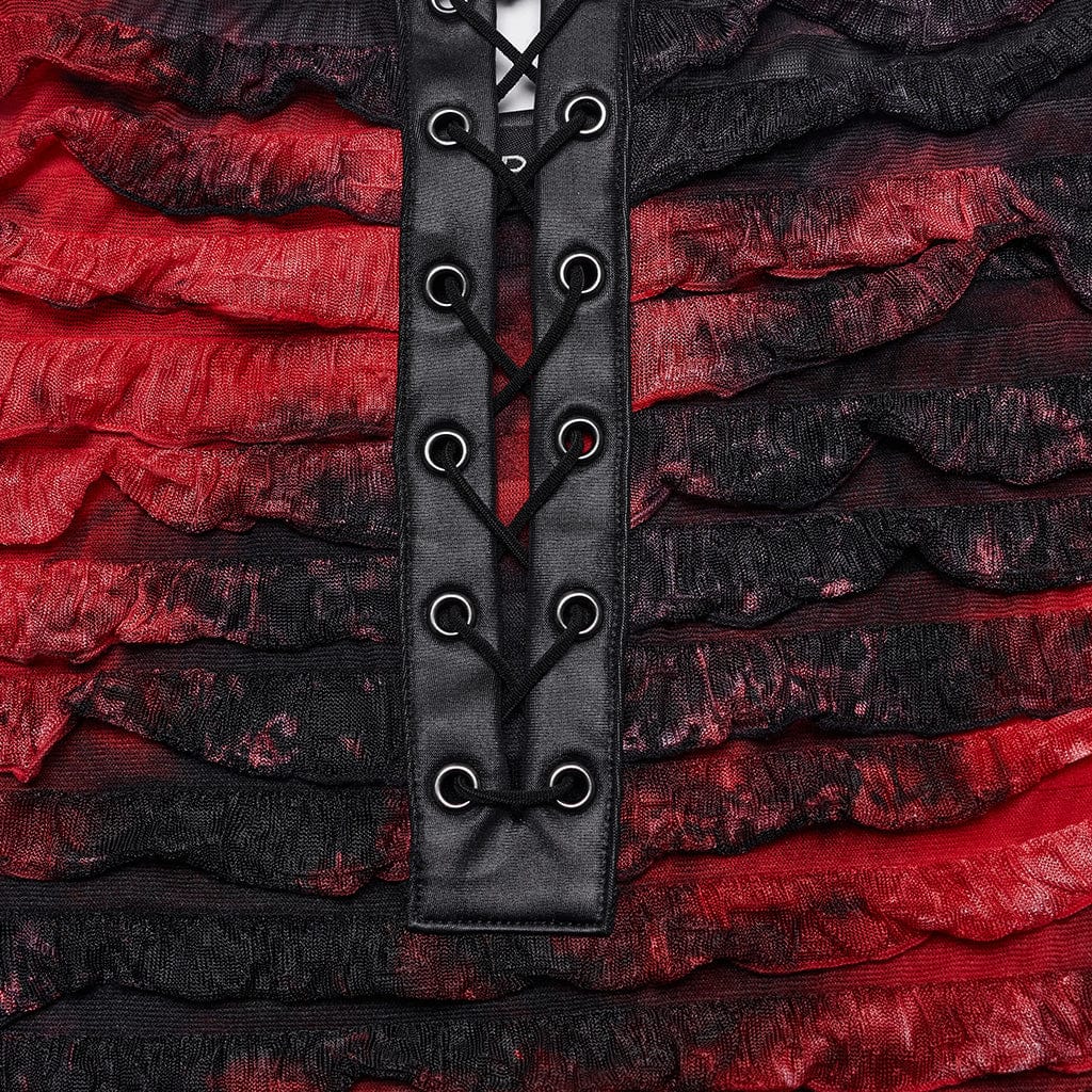 PUNK RAVE Women's Grunge Ruffled Tie-dyed Slip Dress Red