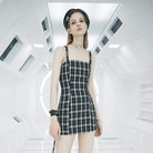 PUNK RAVE Women's Lace-up Ruched Fitted Plaid Slip Dresses