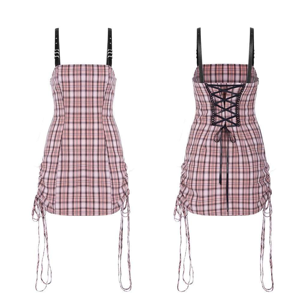 PUNK RAVE Women's Lace-up Ruched Fitted Plaid Slip Dresses