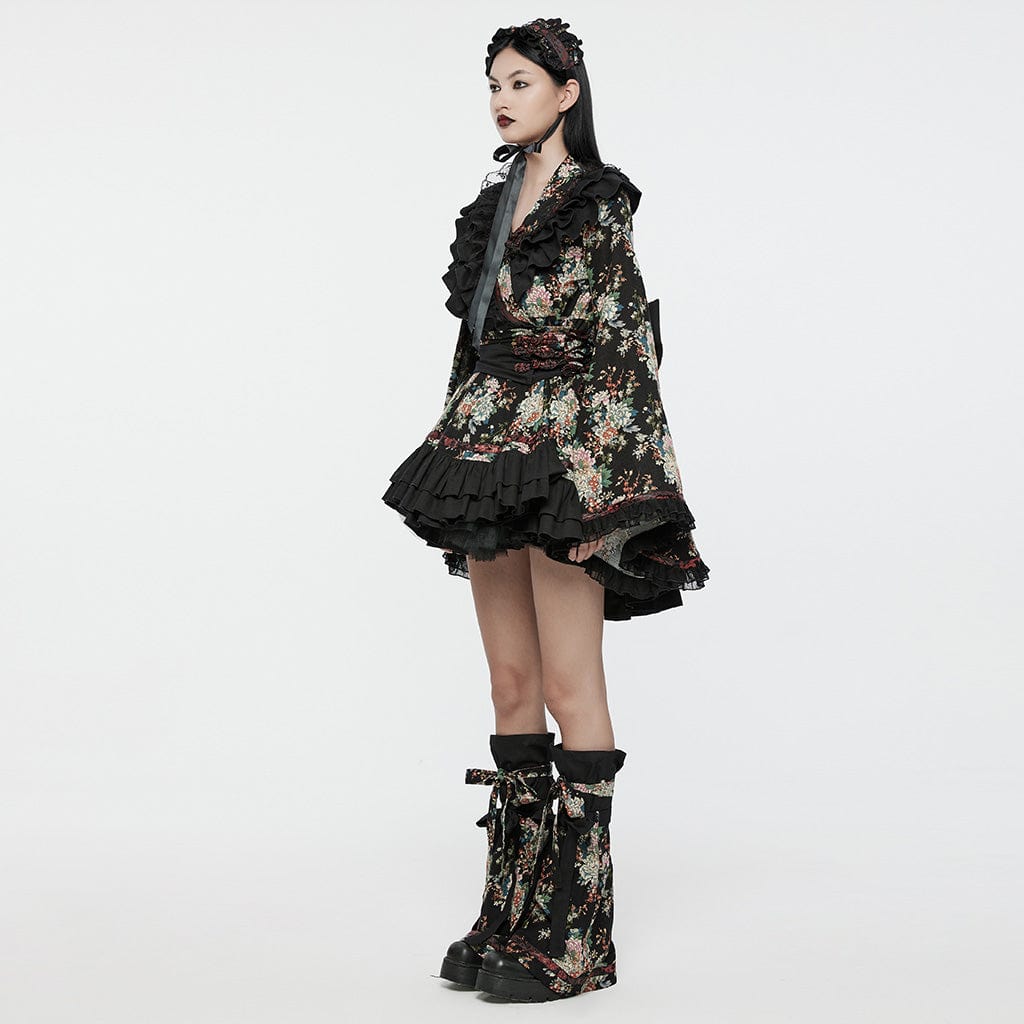 PUNK RAVE Women's Lolita Floral Printed Ruffled Kimono Dress Set