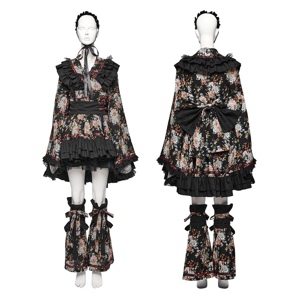 PUNK RAVE Women's Lolita Floral Printed Ruffled Kimono Dress Set