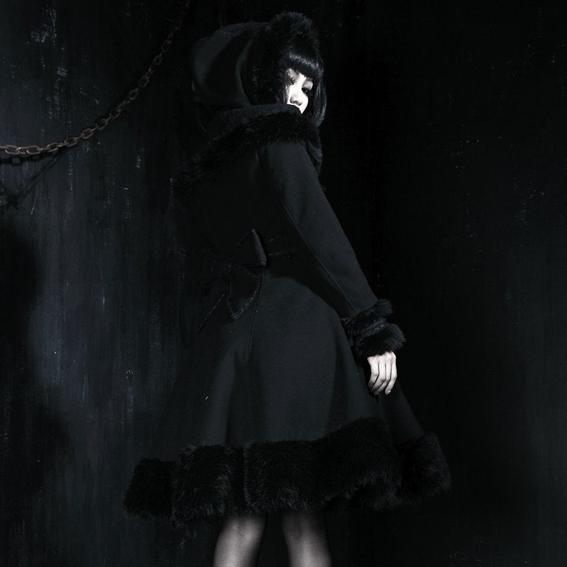 PUNK RAVE Women's Lolita Hooded Bowknot Overcoat