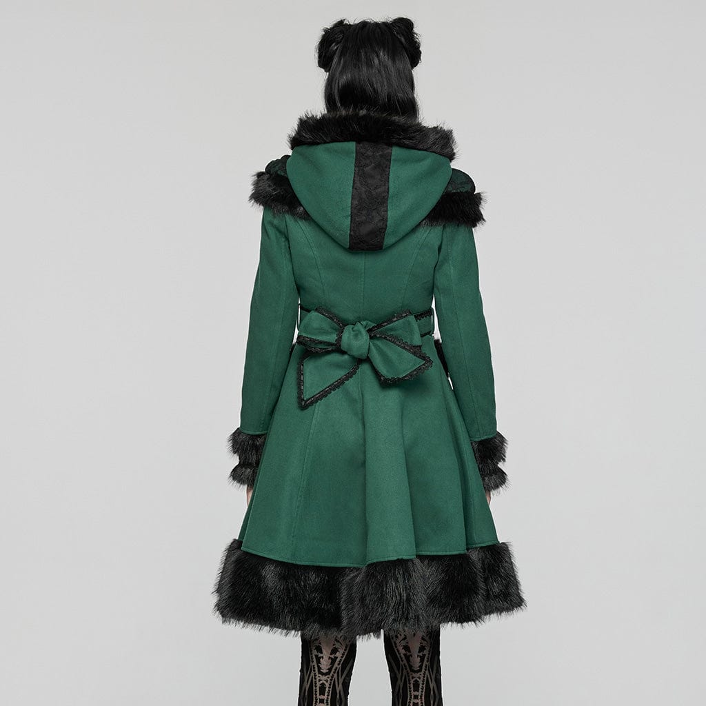 PUNK RAVE Women's Lolita Hooded Bowknot Overcoat