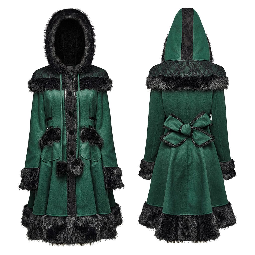 PUNK RAVE Women's Lolita Hooded Bowknot Overcoat